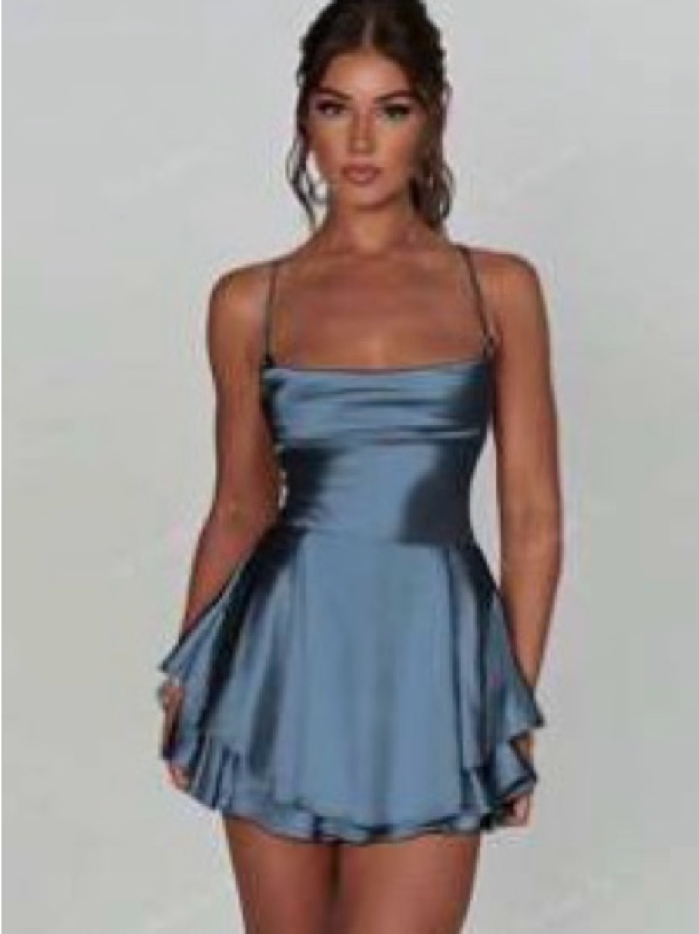 Shiny Blue Satin Backless Spaghetti-Strap Dress